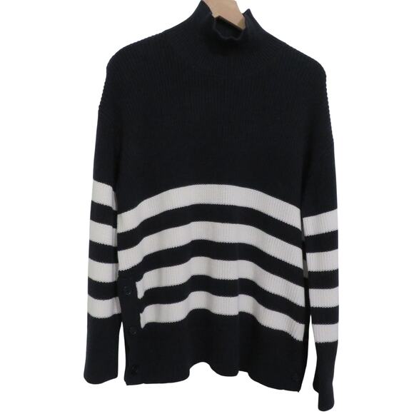 French Connection Womens Sz M Navy White Striped Mock Neck Knit Sweater Button - Picture 1 of 7